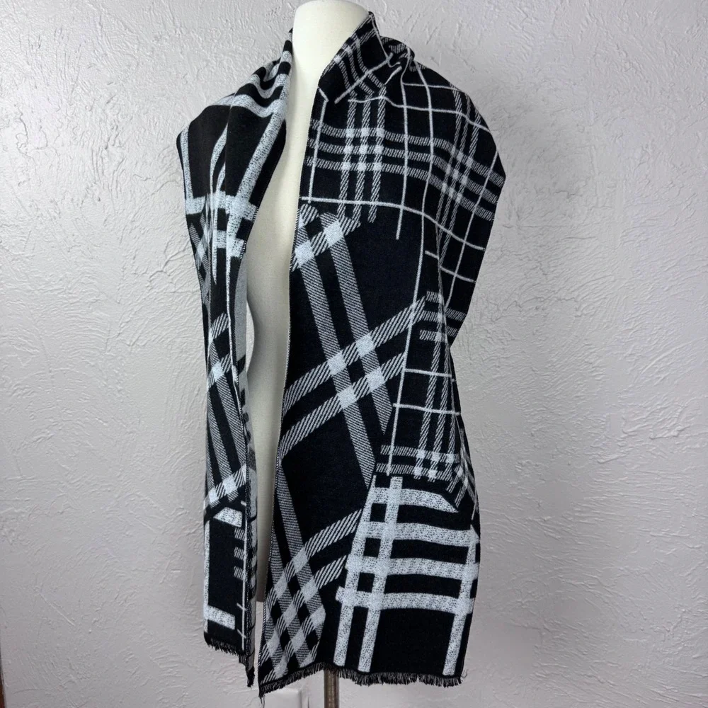 Super soft black and white abstract plaid winter scarf unisex minimalist